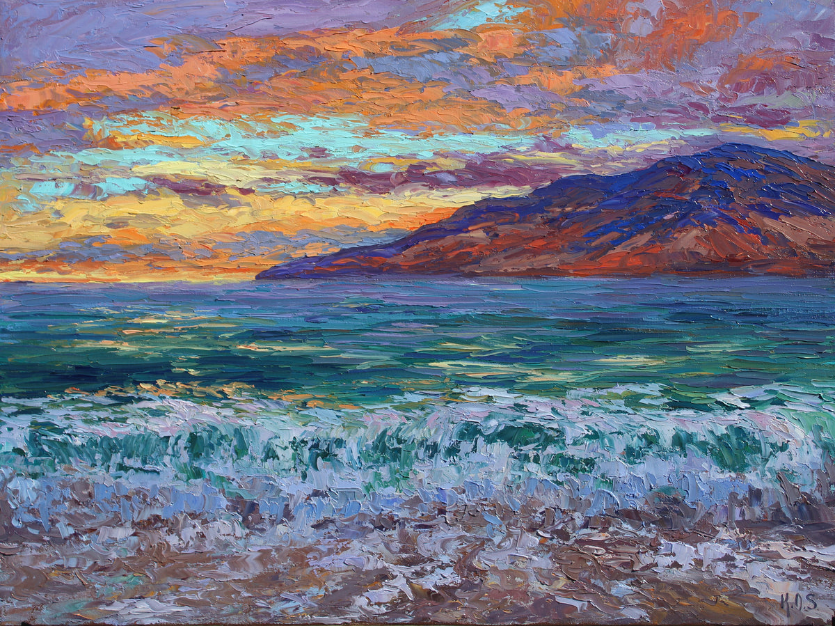 An original oil painting depicting a vibrant sunset over a body of water with a distant island, framed by a colorful evening sky.
