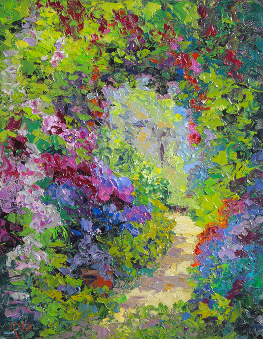 An oil painting on canvas panel featuring a vibrant, colorful garden scene with a pathway surrounded by flowers and greenery.