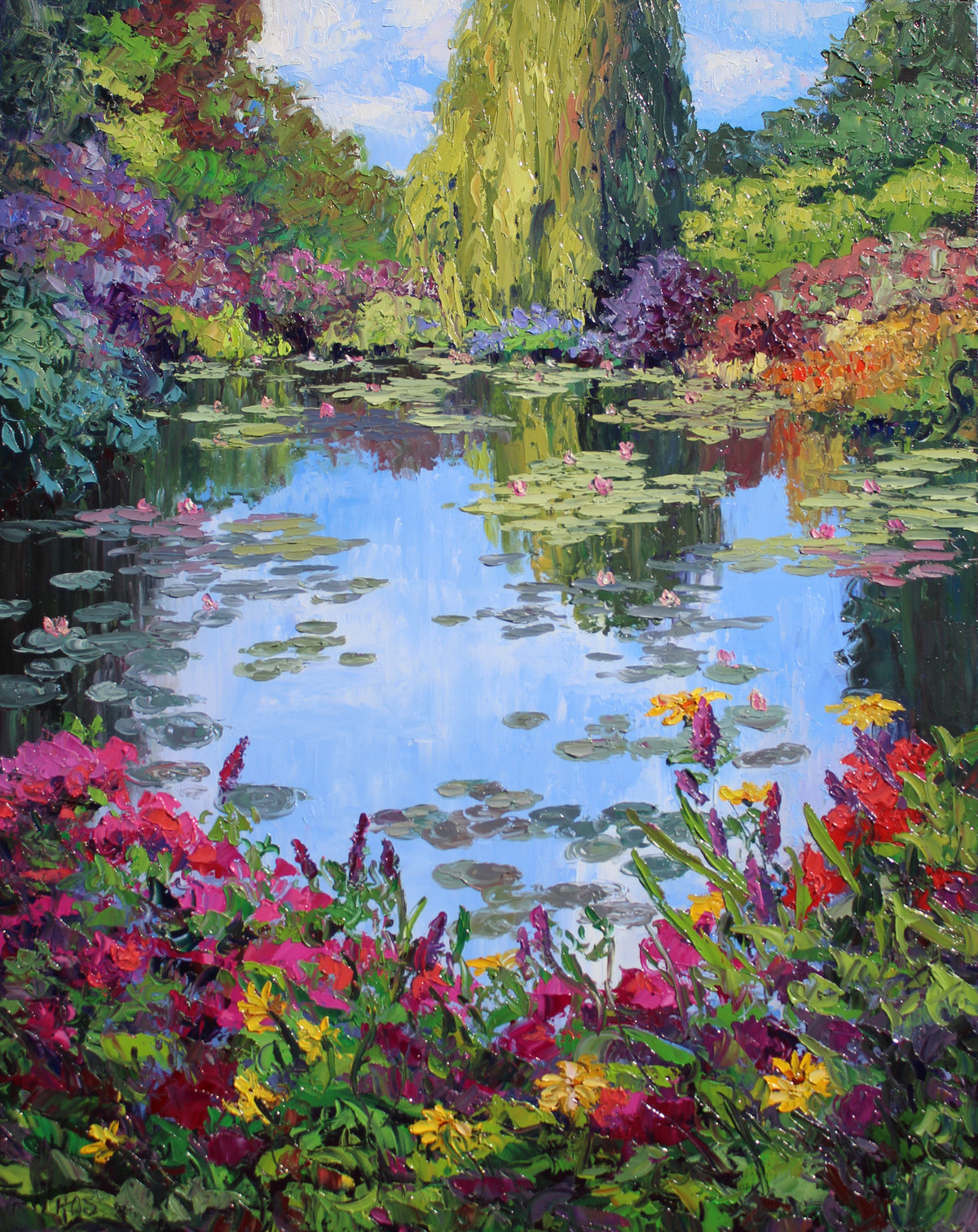 Monet's Gardens at Giverny oil painting with textured strokes of paint.