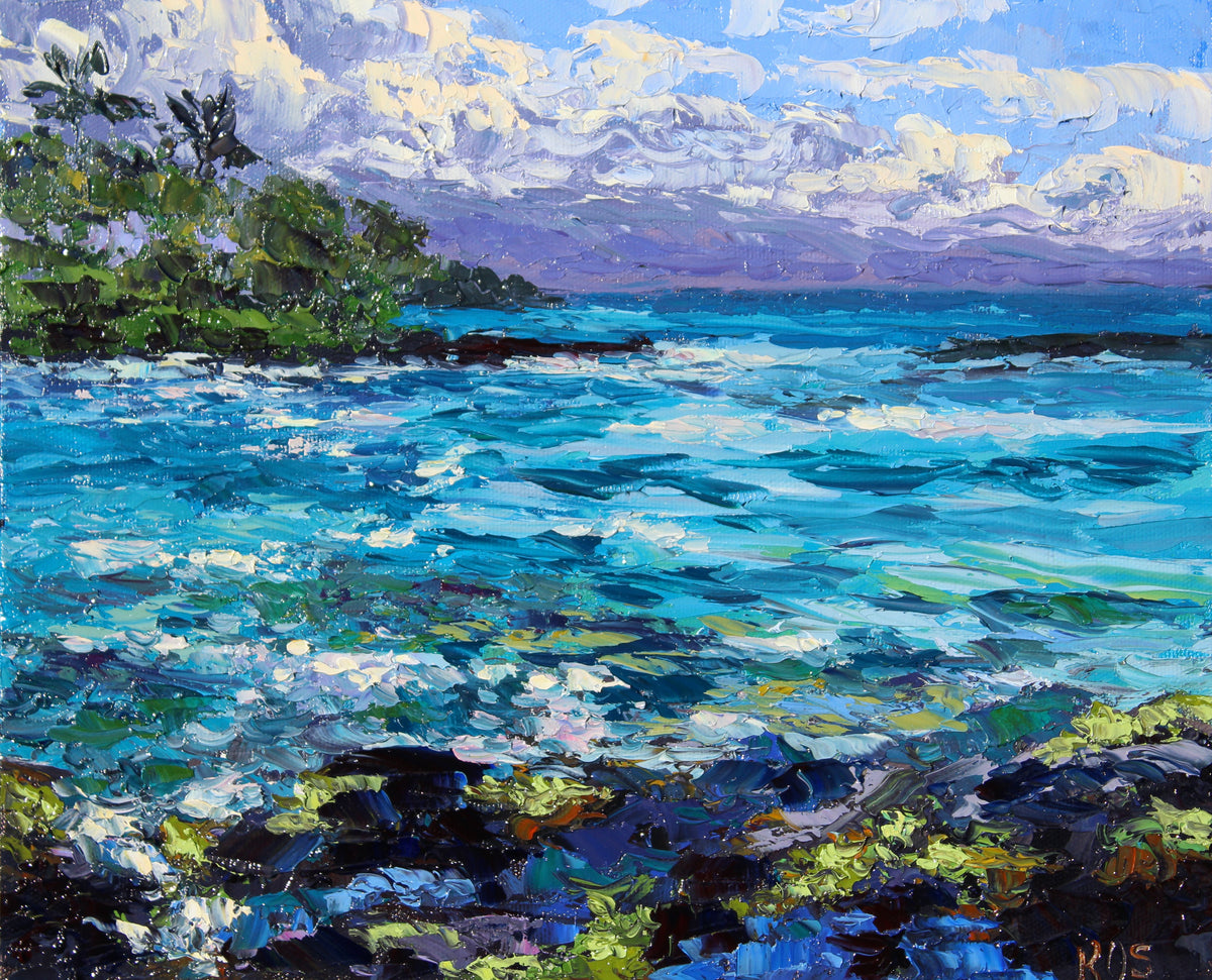 An oil painting of the Hilo waterfront featuring a vibrant seascape with blue water, green seaweed, and coconut palms in the distance.