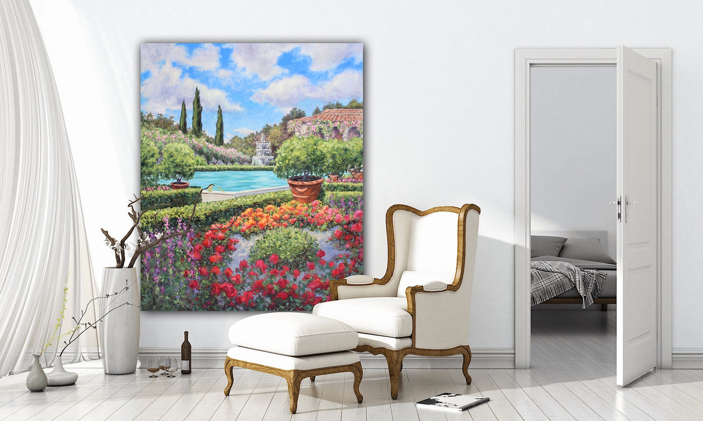 Italian Garden, Original Extra Large 60" x 50" Oil On Canvas