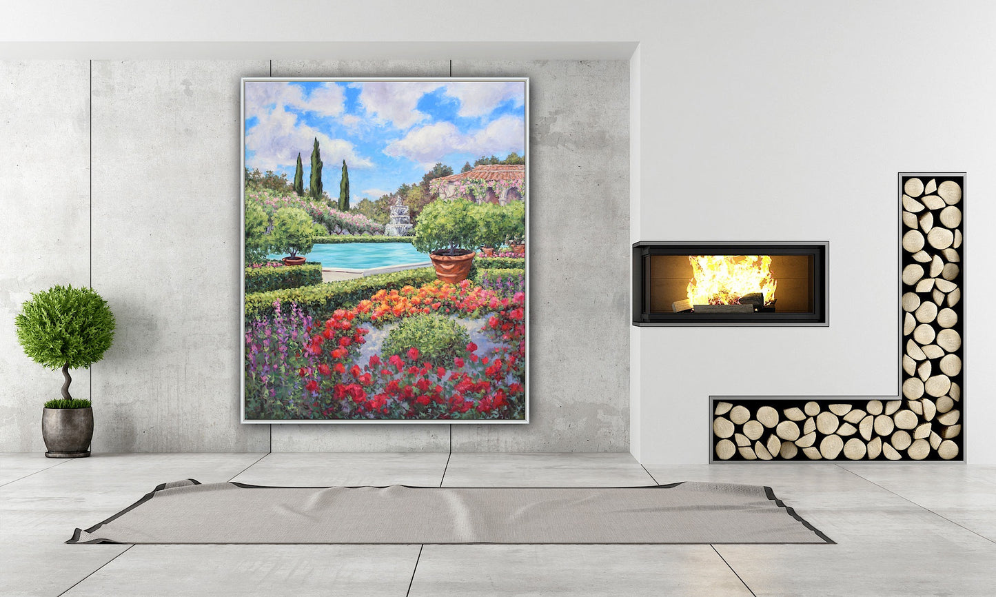 Italian Garden, Original Extra Large 60" x 50" Oil On Canvas