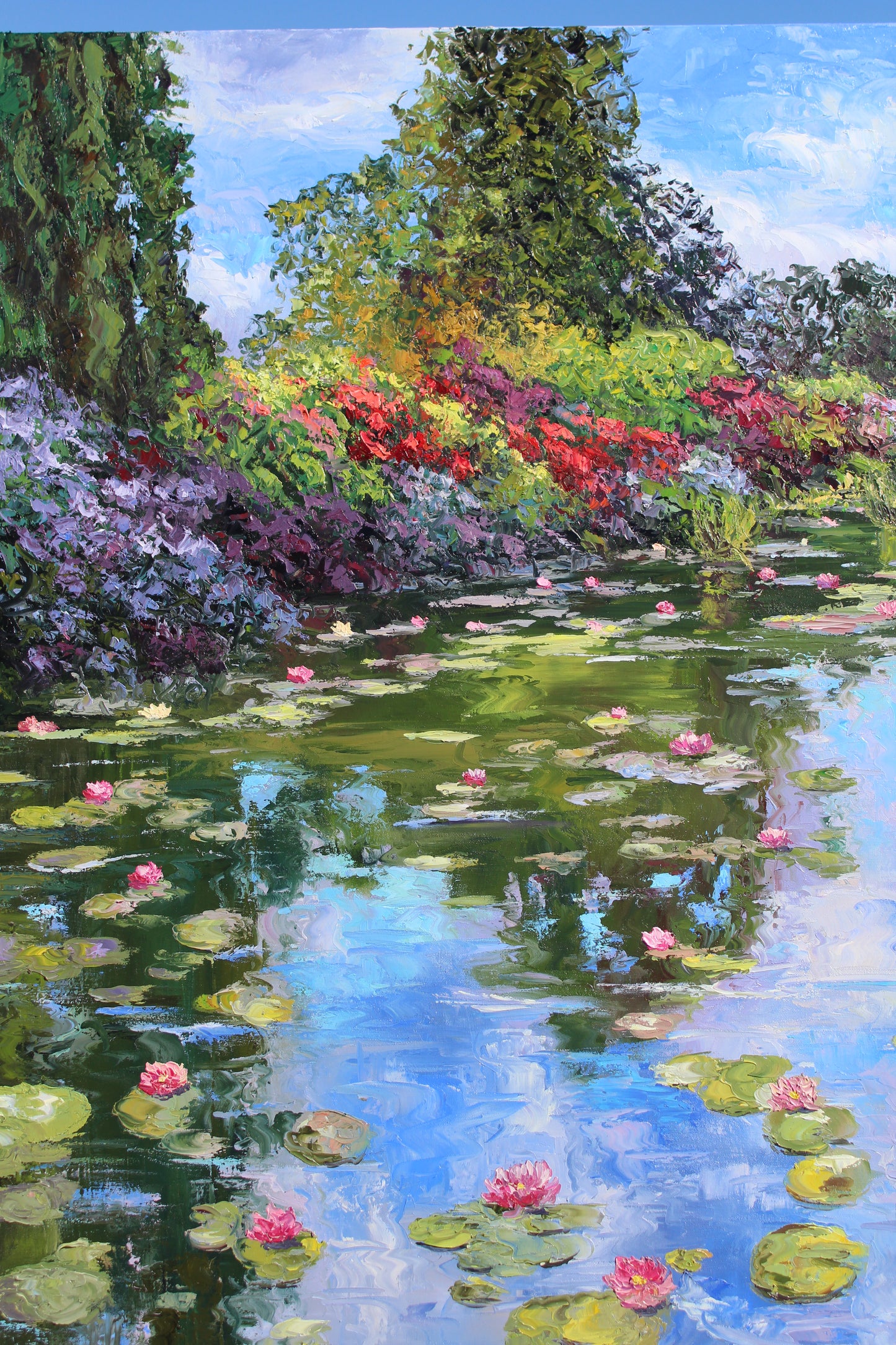 Extra Large Water Lily Painting, "An Ode To Monet", Garden Landscape Of Monet's Pond, 40" x 60" Oil On Canvas