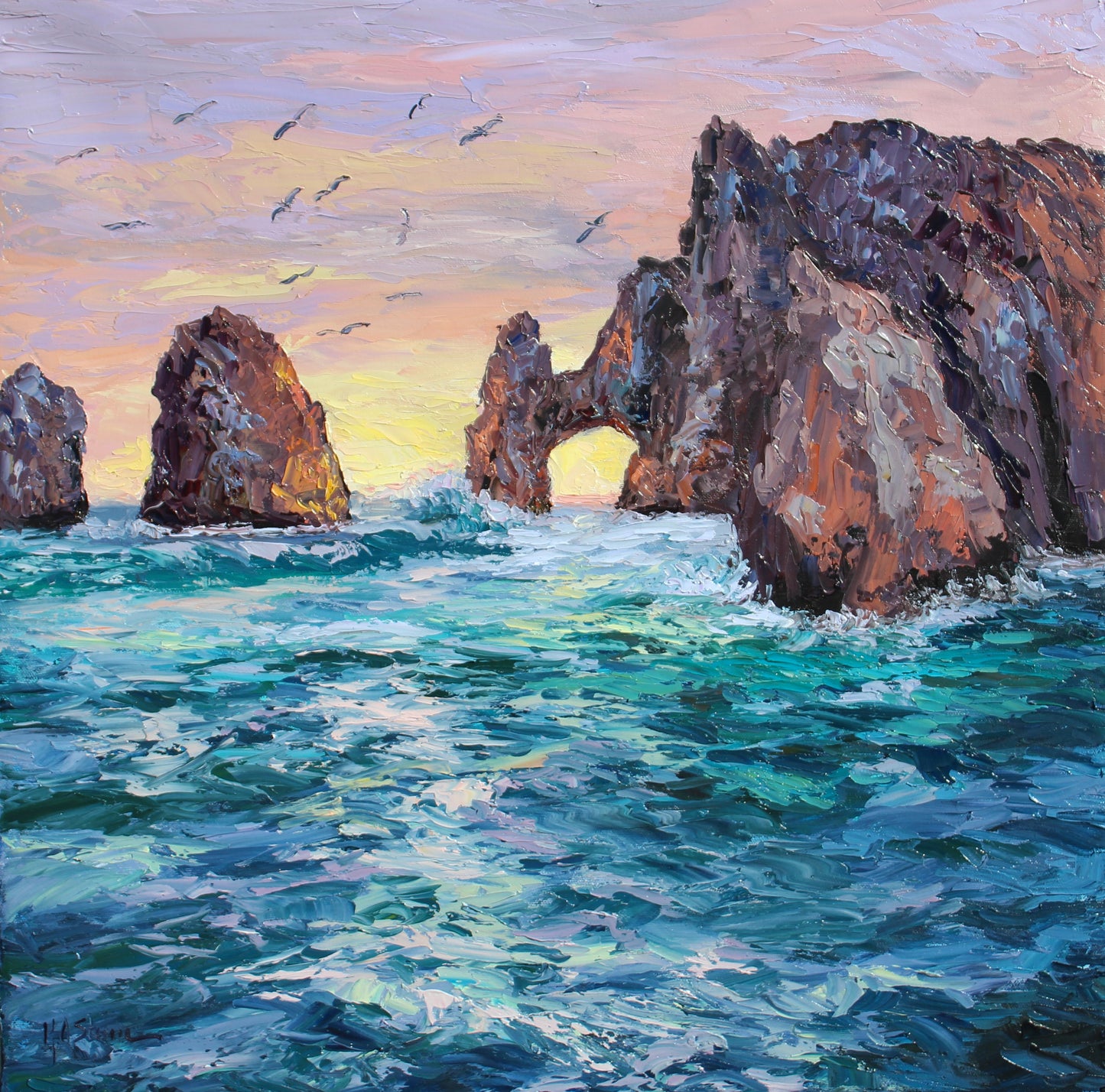 Soaring Over Cabo San Lucas, Original 20" Square Seascape Oil Painting