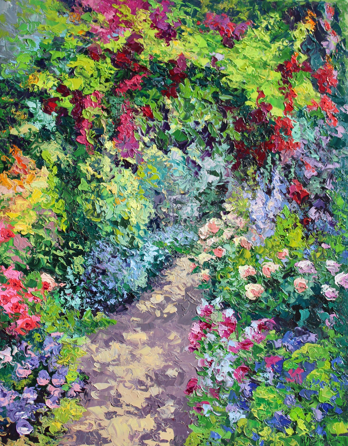 textured original oil painting with bright colors depicting a garden arch, roses, delphiniums and a garden path with light and shadow