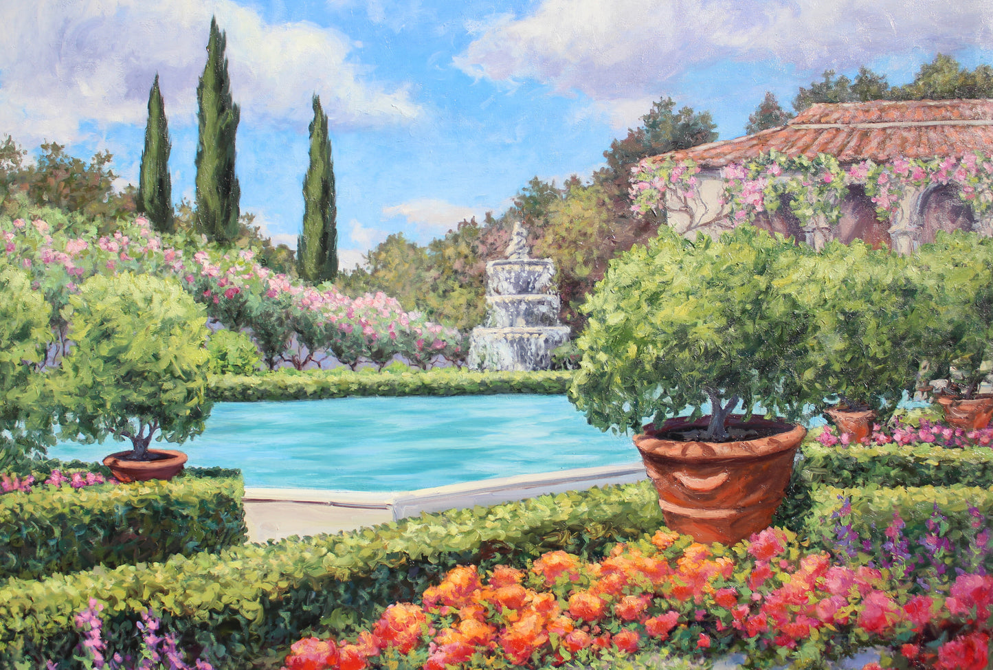 Italian Garden, Original Extra Large 60" x 50" Oil On Canvas