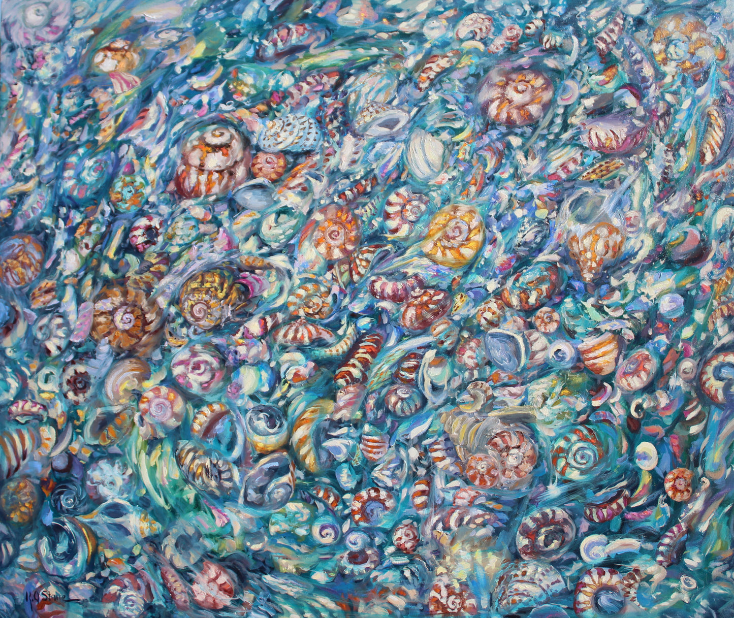 Tide Pool V, An Original 32" x 38" Highly Detailed Seashell Oil Painting On Canvas With Turquoise Water