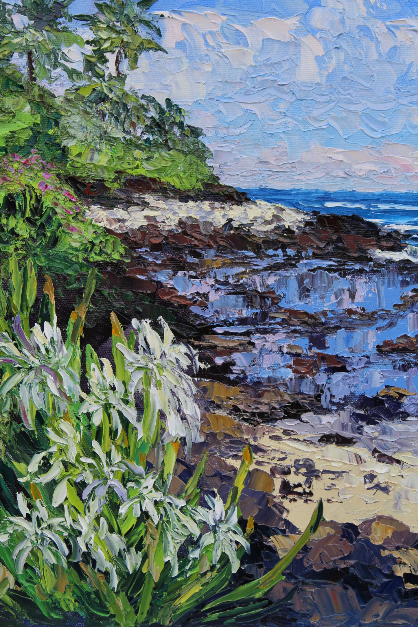 Lilies Along The Kohala Coast, An Original 14" x 11" Hawaiian Seascape Oil Painting On Canvas Panel