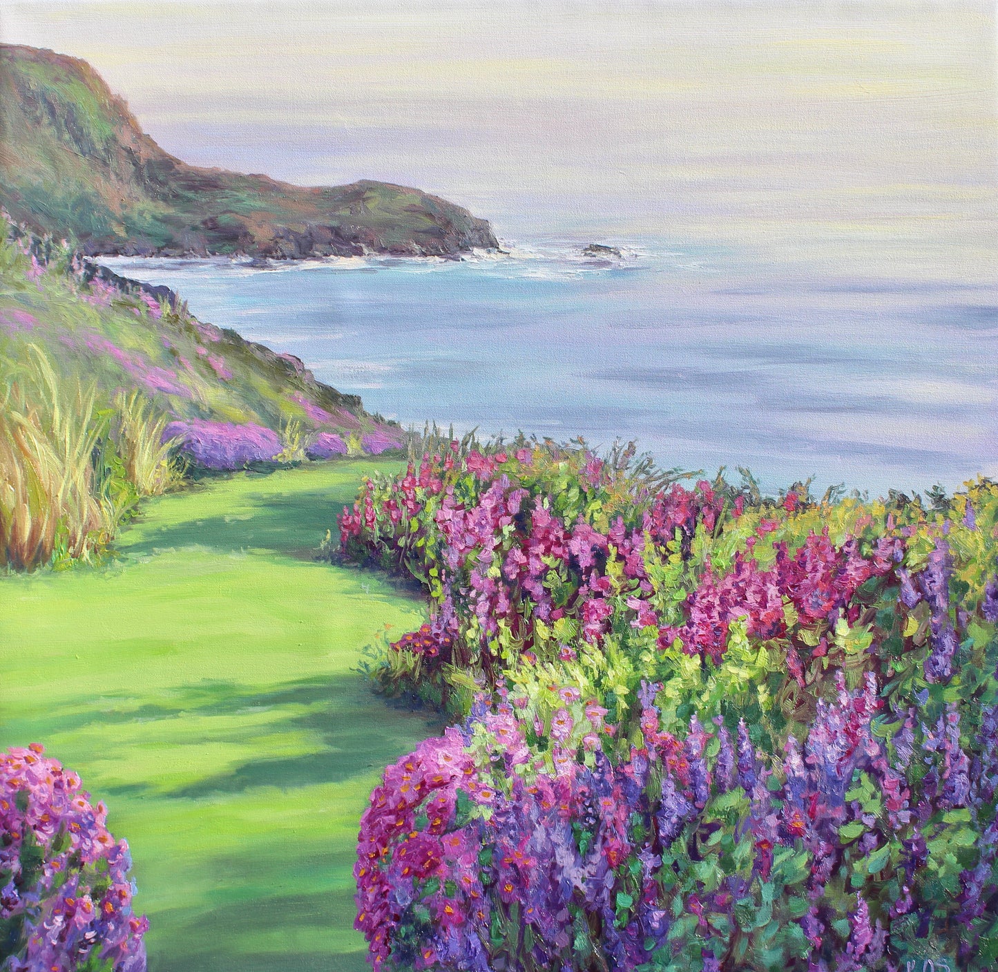 Seaside Garden, Original 30" Square Garden Landscape Oil Painting On Canvas