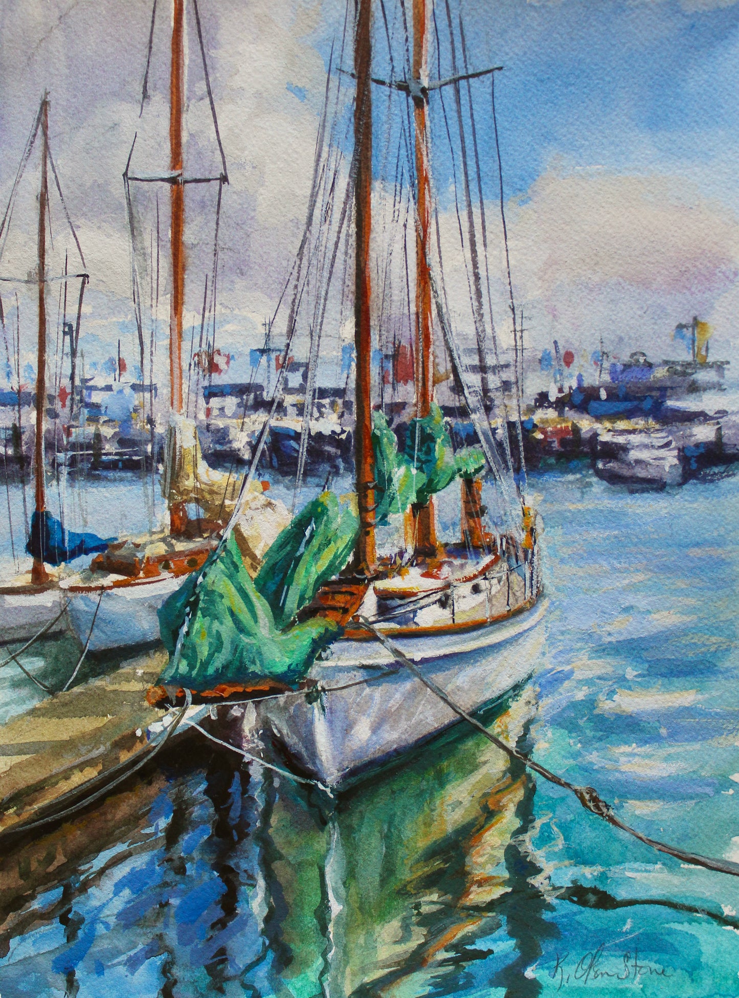 Arcturus, An Original 12" x 9" Watercolor Painting Of A Sailboat At Viaduct Harbour, Auckland, New Zealand