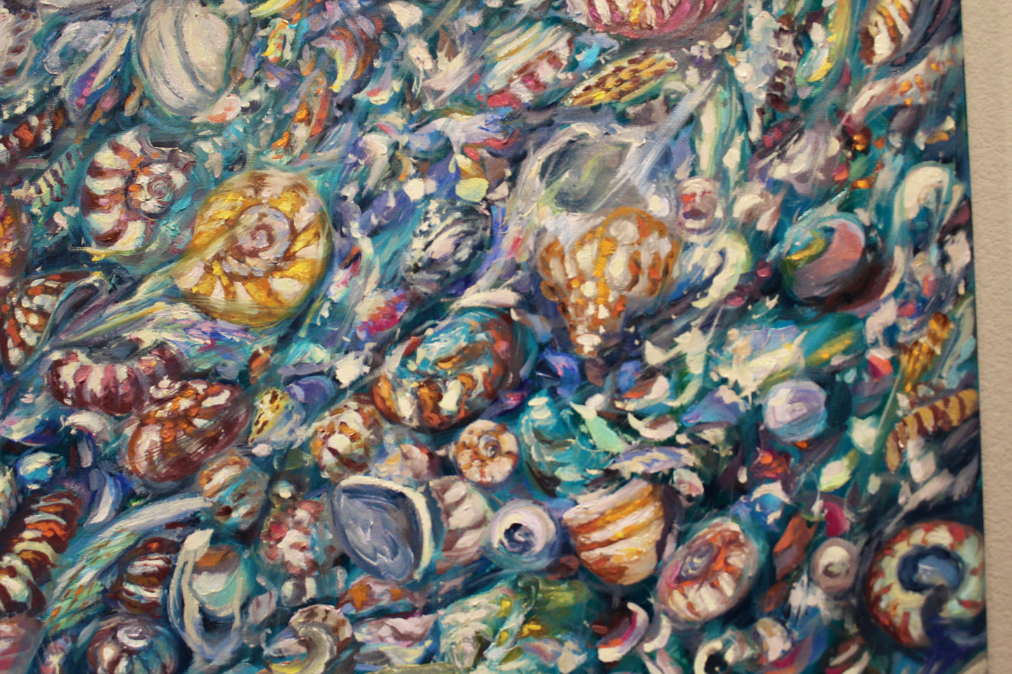 Tide Pool V, An Original 32" x 38" Highly Detailed Seashell Oil Painting On Canvas With Turquoise Water