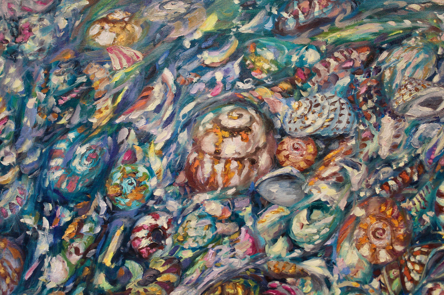 Tide Pool V, An Original 32" x 38" Highly Detailed Seashell Oil Painting On Canvas With Turquoise Water