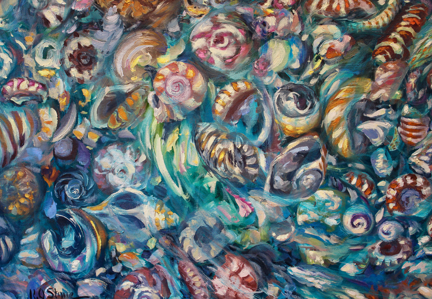 Tide Pool V, An Original 32" x 38" Highly Detailed Seashell Oil Painting On Canvas With Turquoise Water