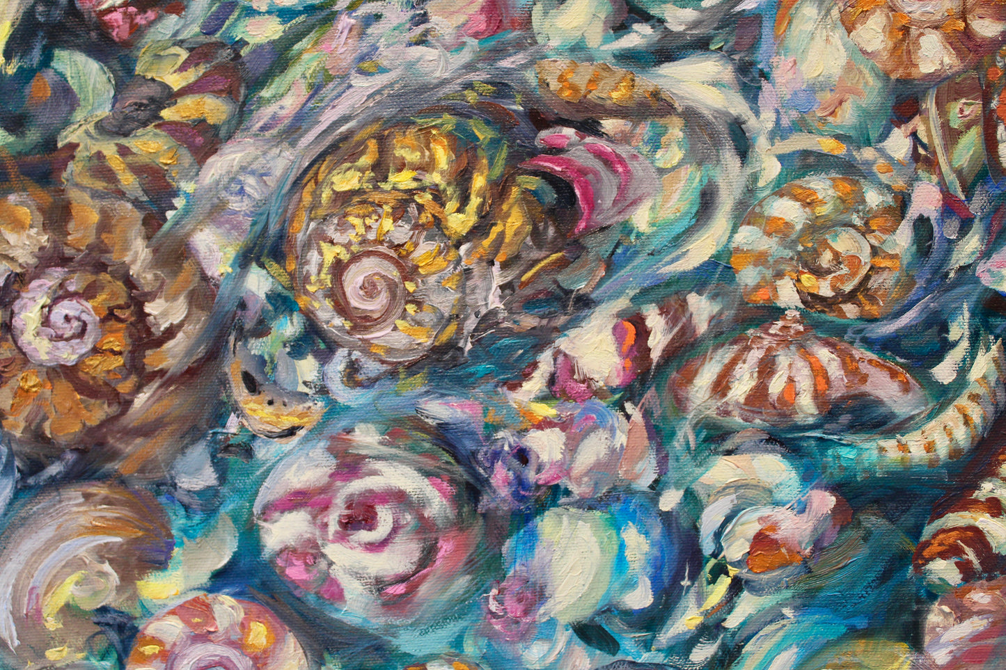 Tide Pool V, An Original 32" x 38" Highly Detailed Seashell Oil Painting On Canvas With Turquoise Water