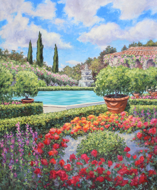 An original oil painting of an Italian garden featuring a pool, trees, and a variety of flowers.