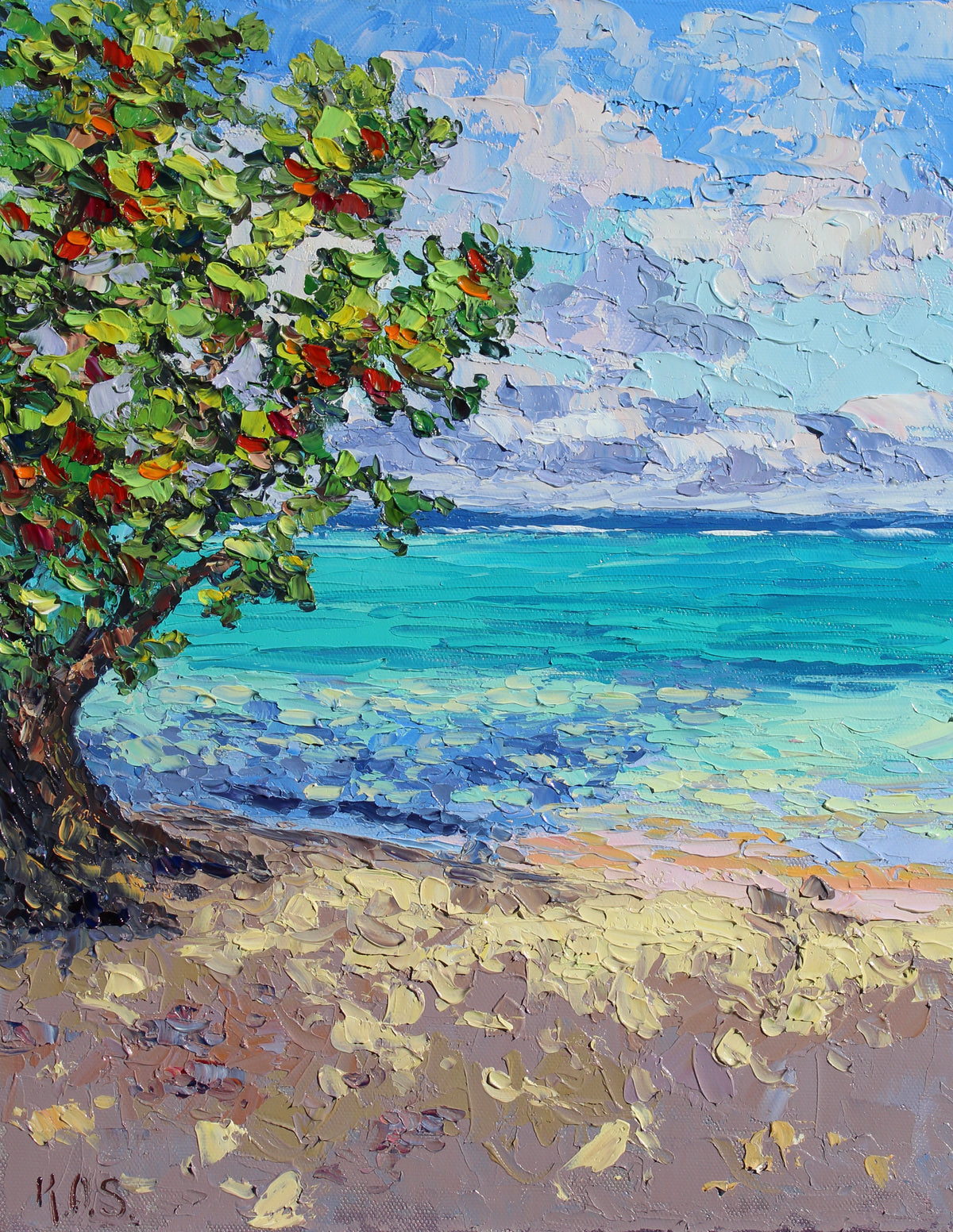 An oil painting of a tropical Kamani tree with red, green, and yellow leaves, situated at the water's edge with a blue ocean and cloudy sky in the background.