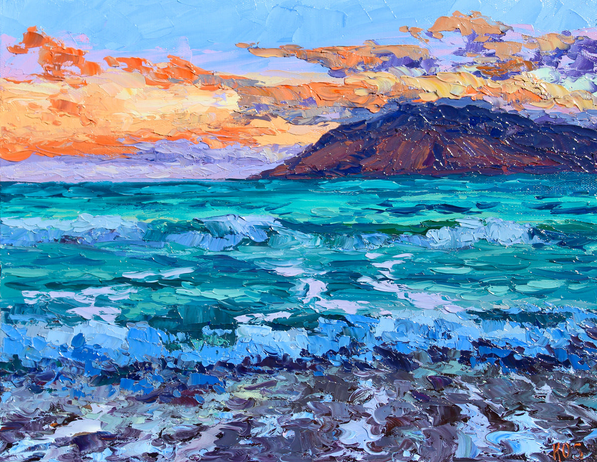 An original oil painting of  Maui showinga view of the offshore island of Lanai as seen from Secret Beach in Kahului, Maui.  There are orange and violet clouds showing the sunset.  The water is a beautiful color of teal and waves are gently rolling onto shore.