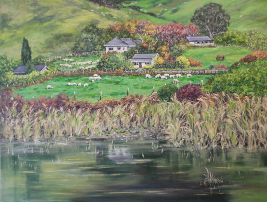 An original oil painting of a sheep farm with a horse and homes and barns as viewed from a wetlands.
