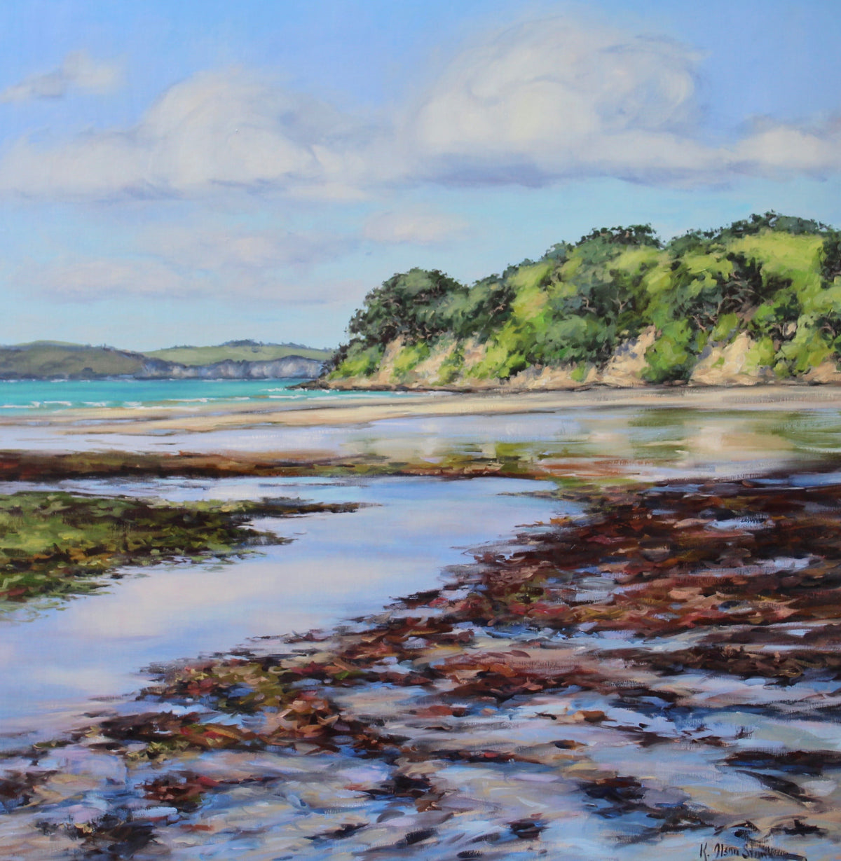 An original oil painting depicting Saint Heliers Bay with a beach scene, including a body of water and a cliff, reflecting in the foreground.