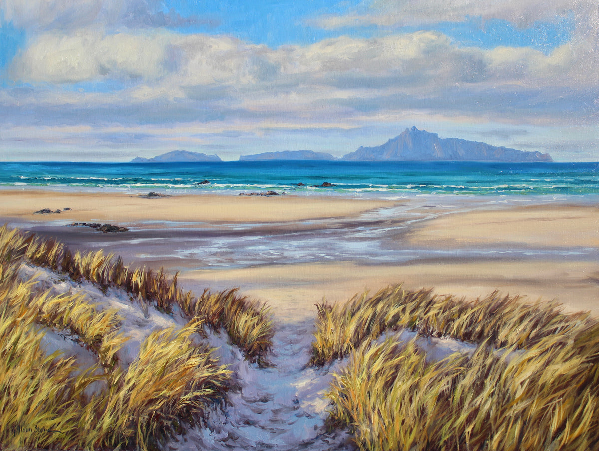 An original oil painting of Mangawhai Heads Beach, depicting a wide, white, sandy beach with dune grasses and distant offshore islands an Whangarei Heads.