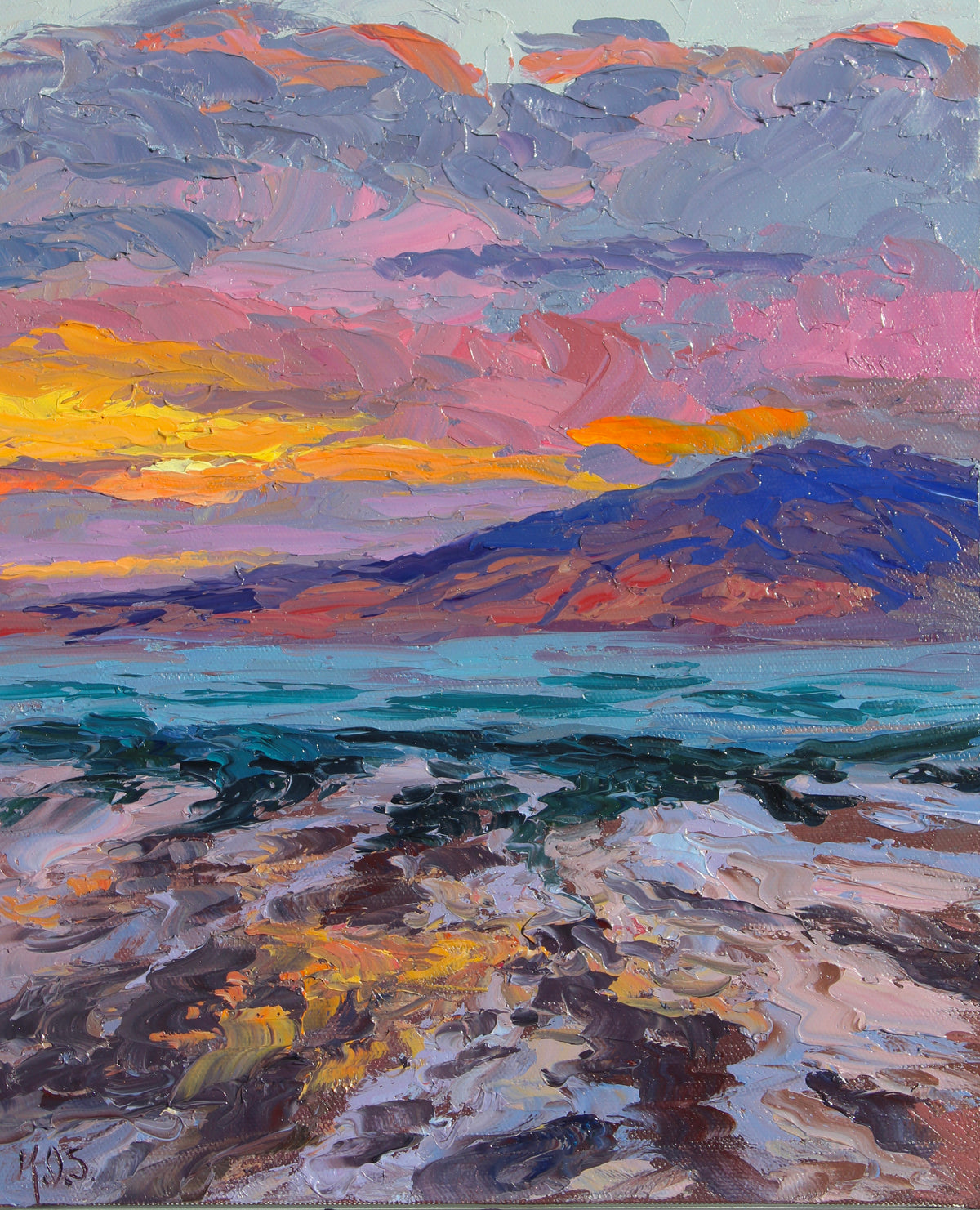 An original oil painting depicting a vibrant sunset seascape with a mountain in the background and a textured ocean foreground.