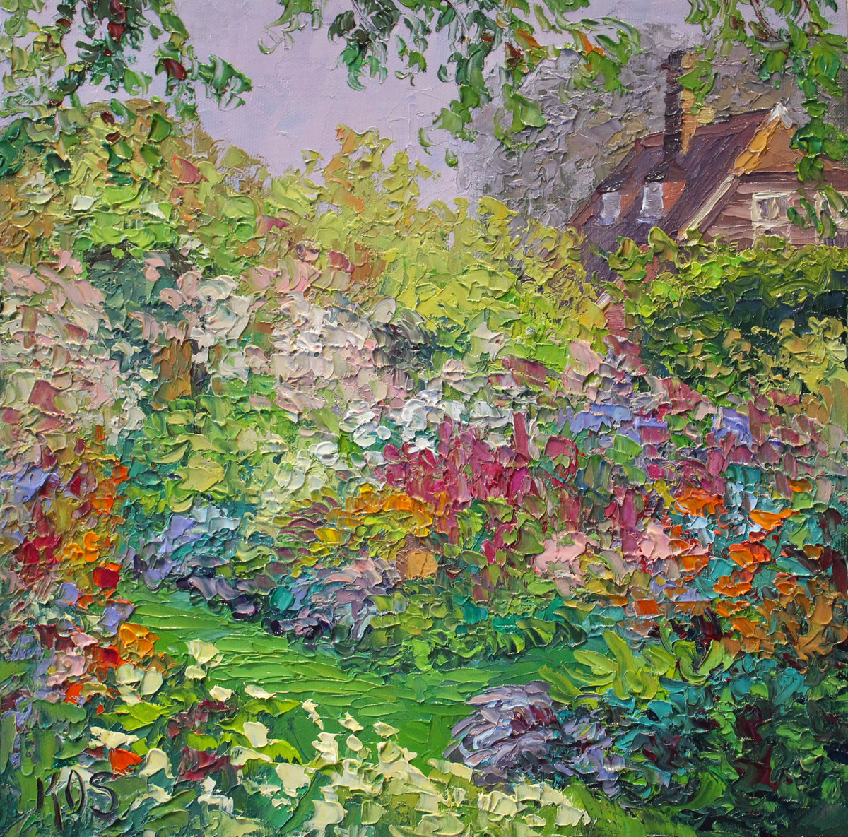 An original garden landscape oil painting featuring a vibrant and colorful depiction of a garden scene with thick oil paint strokes.