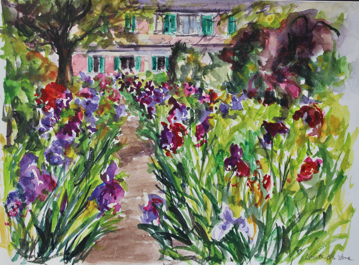 A watercolor painting of Monet's house at Giverny, featuring a vibrant garden scene with a pathway and various flowers.