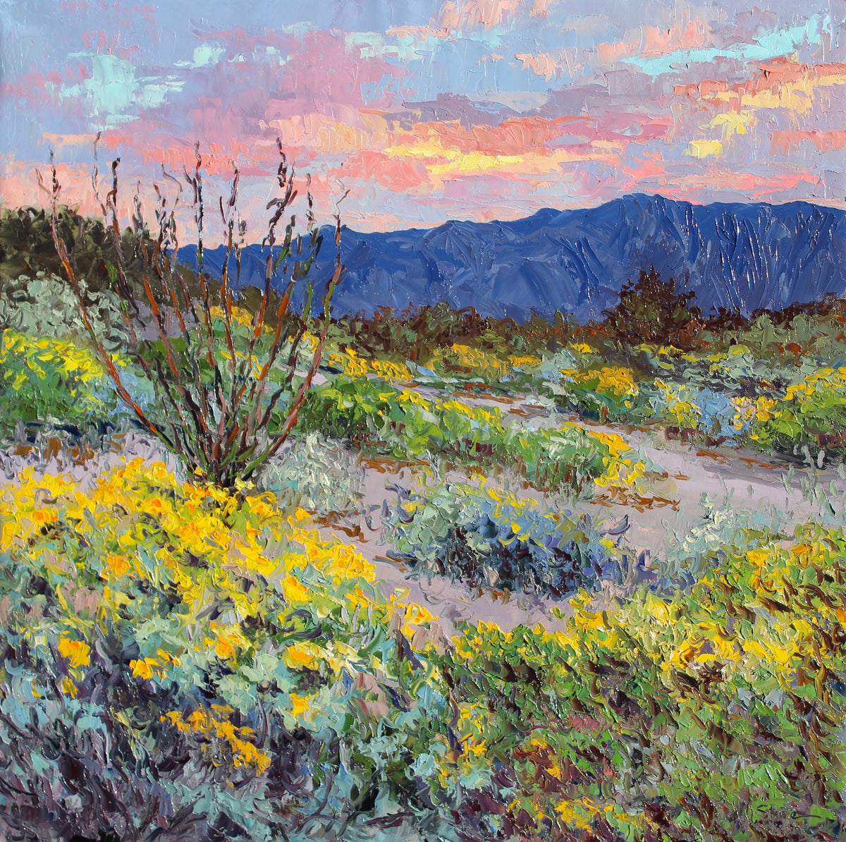 An original oil landscape painting featuring a vivid sunset with mountains in the background and a foreground of wild daisies and an ocotillo.