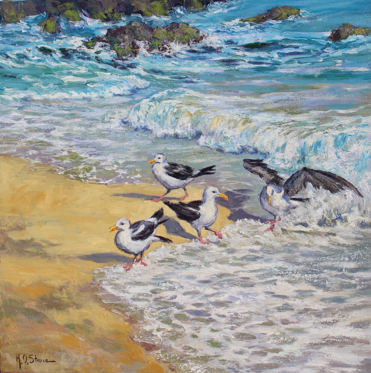 An oil painting of seagulls playing in the surf, with a vivid depiction of the birds and the ocean waves.