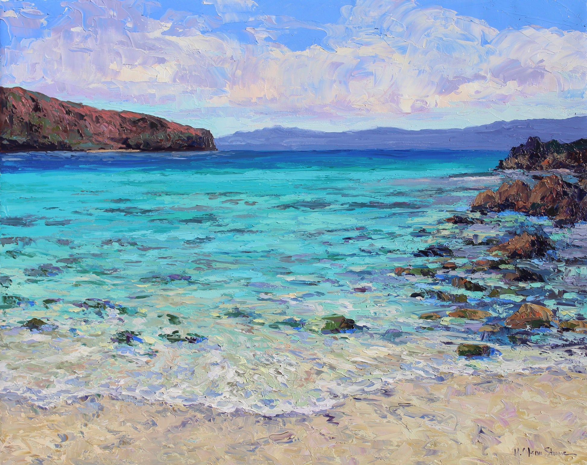 textured oil painting with turquoise blue, teal water, reddish brown sea rocks and a sandy beach.  Blue sky with light, puffy clouds.  Mexican seascape of Balandra Bay in La Paz Mexico