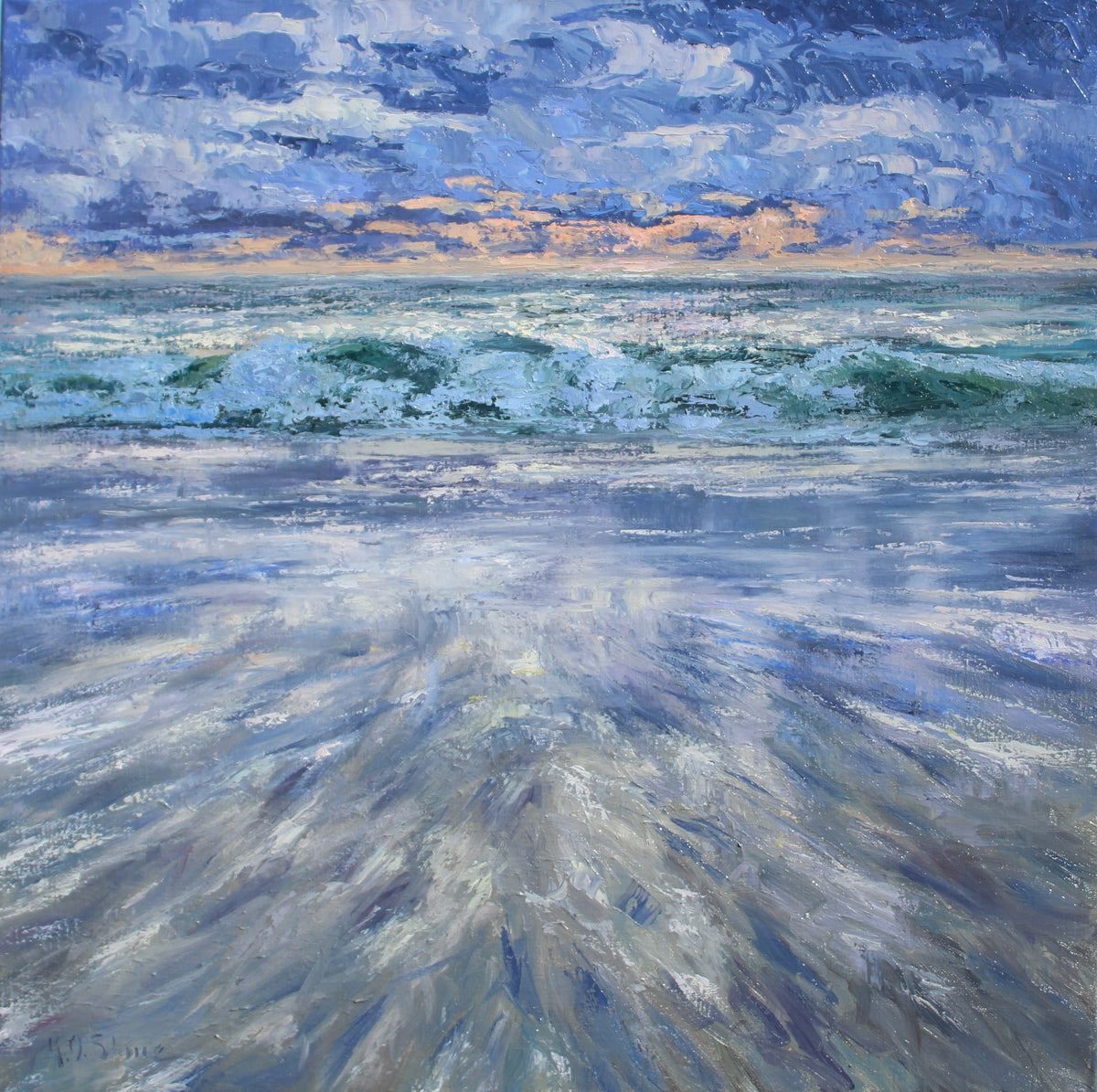 An original oil painting depicting a serene seascape scene with a sunset over the ocean and breaking waves on the sand.