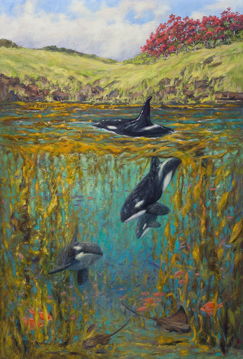 An original oil painting depicting a family of orcas in a kelp forest environment, with a grassy hillside and red flowers in the background, framed by a blue sky.