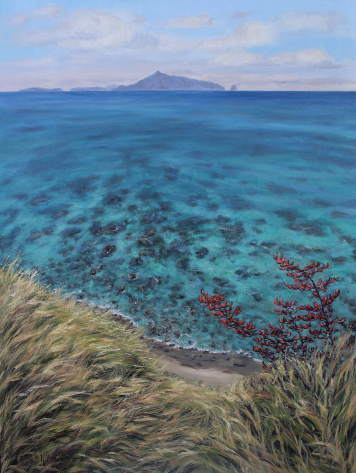 An oil painting depicting a scenic view of a coastal cliff view high above Mangawhai Heads Beach with a turquoise sea and a small island in the distance, framed by a cloudy sky.
